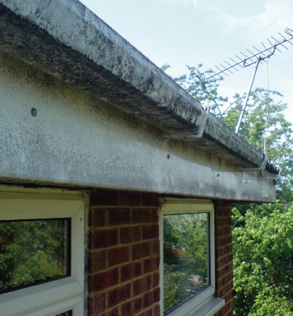 Dirty black streaked fascia and soffits needing cleaning in Cannock WS11