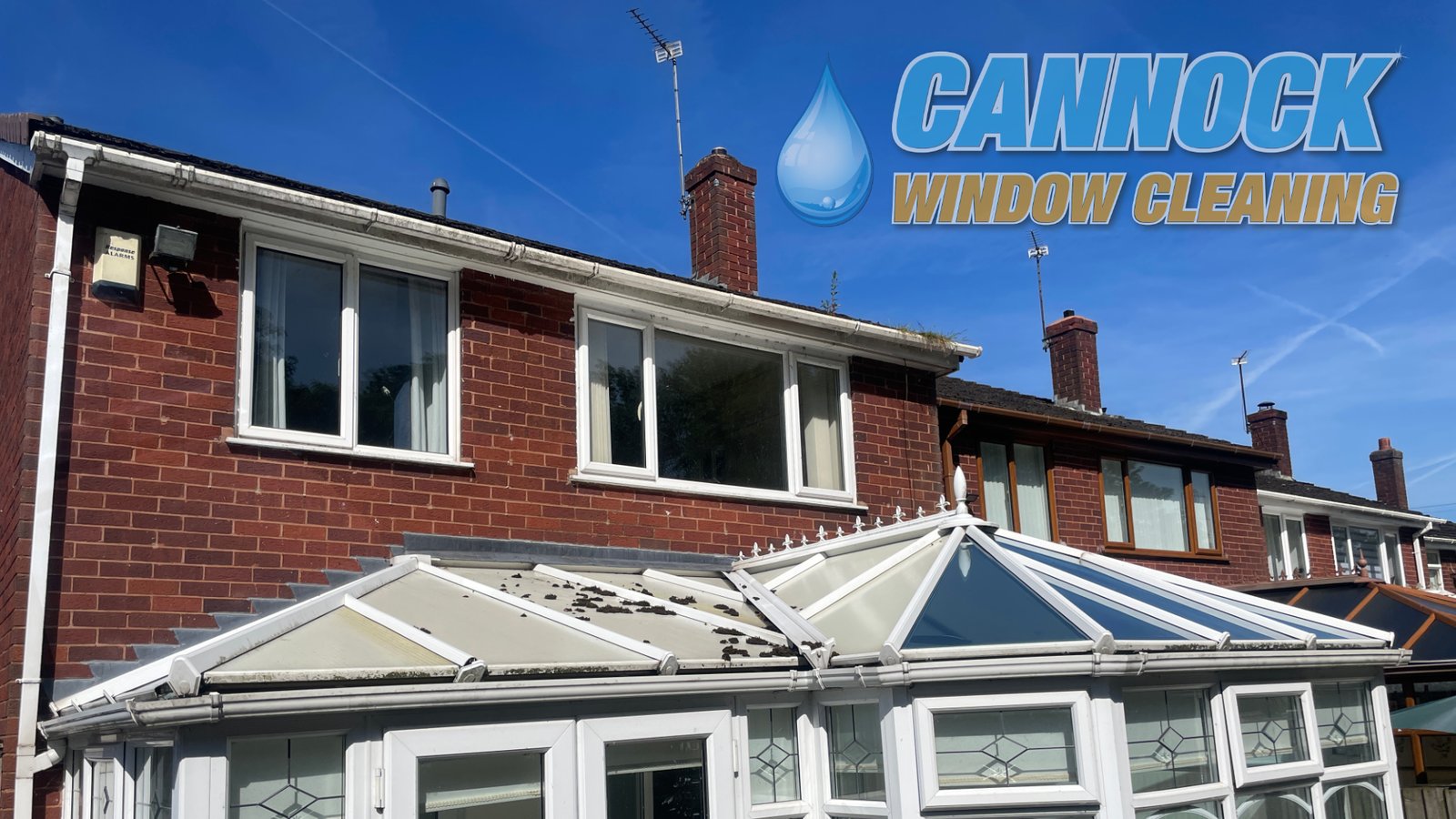 Conservatory roof panels covered in green algae and debris before cleaning