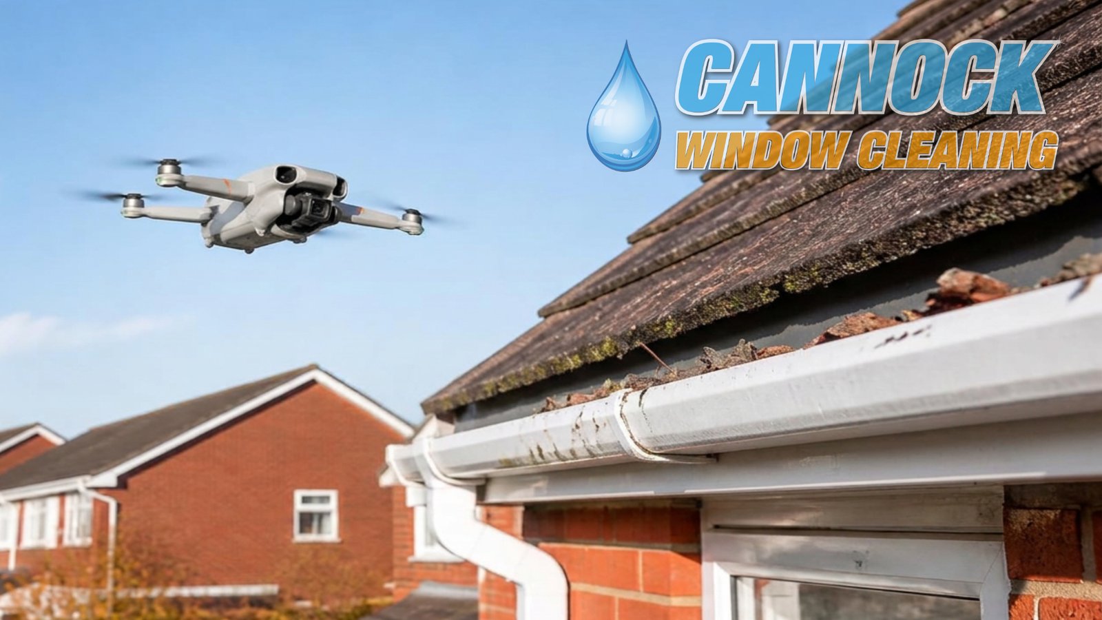Drone hovering beside a gutter full of moss and debris on a roofline
