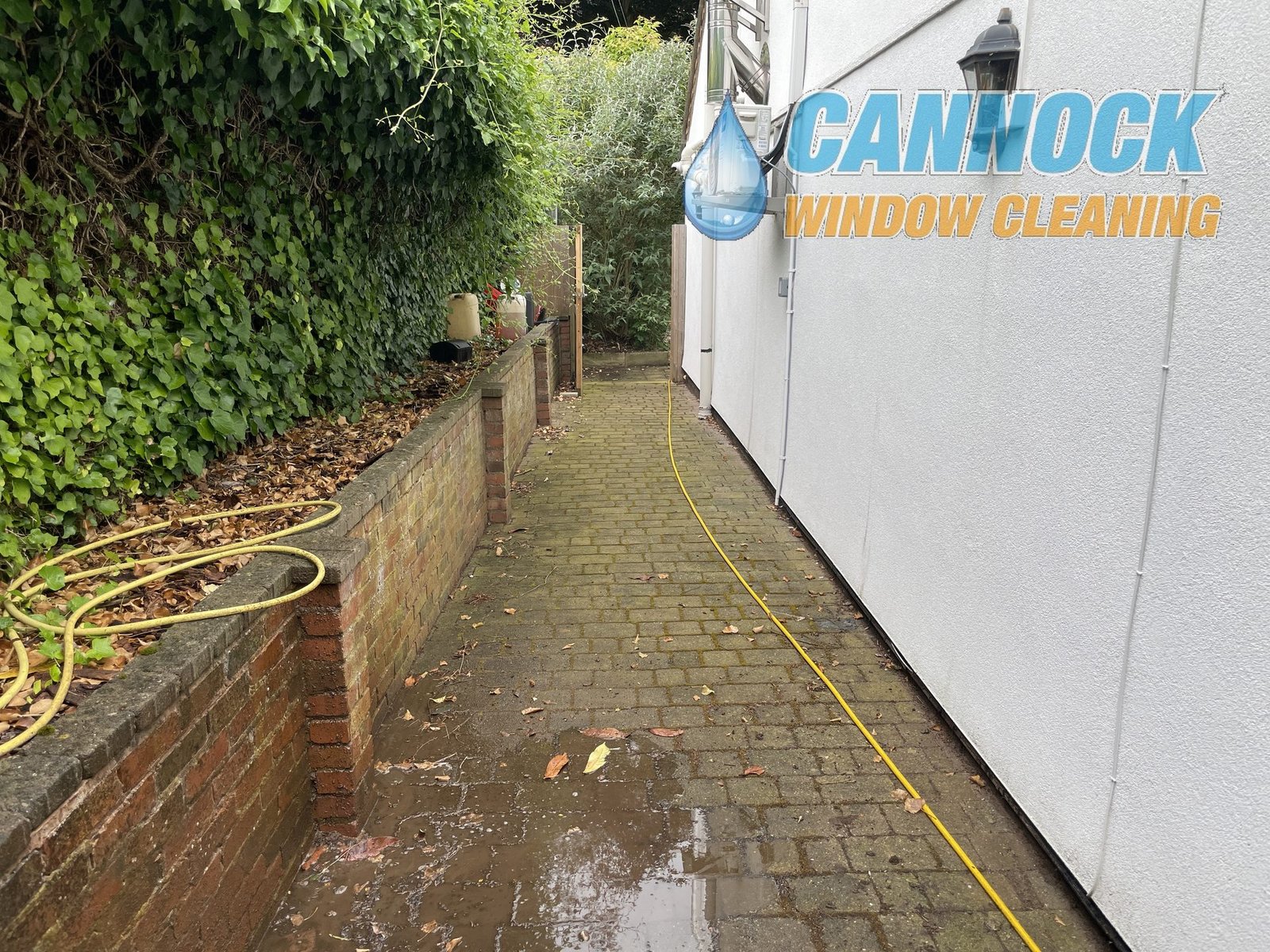 Block paving side path mossy and wet before cleaning