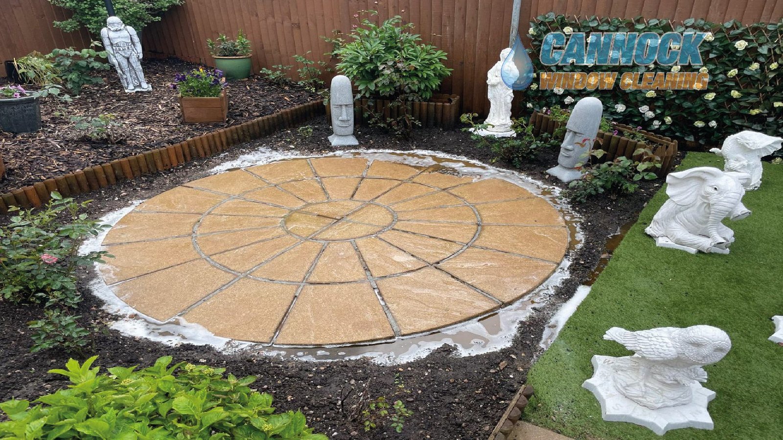 The same circular patio clean, with fresh sand in the joints